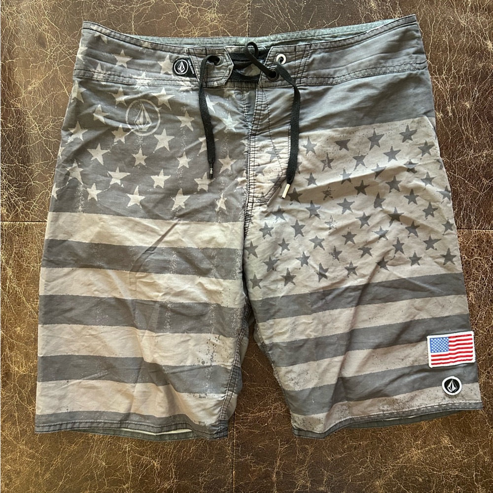 Volcom Gray American Flag Stars and Stripes Swim Shorts